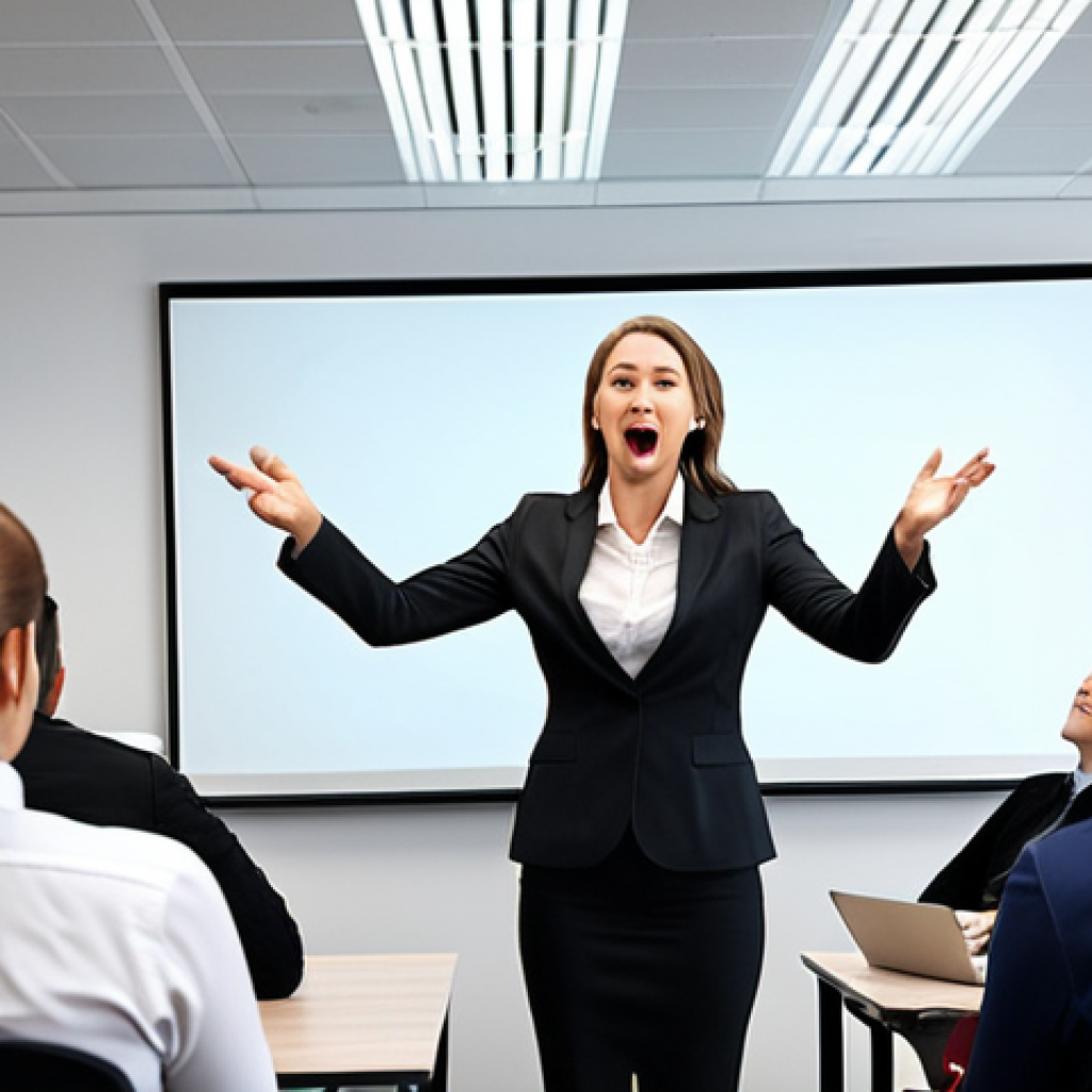 **A charismatic storyteller captivating a corporate audience during a training session, using engaging gestures and expressions, with a focus on leadership and communication skills, in a modern office setting.** (Focuses on corporate training)