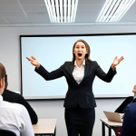 **A charismatic storyteller captivating a corporate audience during a training session, using engaging gestures and expressions, with a focus on leadership and communication skills, in a modern office setting.** (Focuses on corporate training)