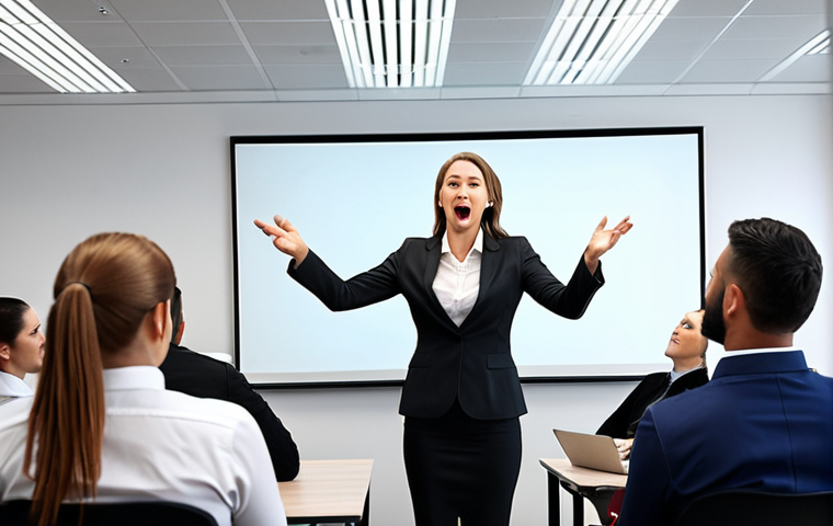**A charismatic storyteller captivating a corporate audience during a training session, using engaging gestures and expressions, with a focus on leadership and communication skills, in a modern office setting.** (Focuses on corporate training)