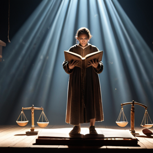 Home 25 **
A storyteller standing on a stage bathed in light, holding an open book. Faint legal symbols (scales, gavels) are subtly incorporated into the background light. The scene evokes a sense of creativity within boundaries, hinting at legal responsibilities.
**