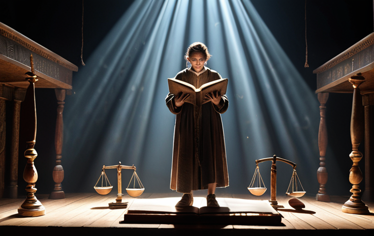 **

A storyteller standing on a stage bathed in light, holding an open book.  Faint legal symbols (scales, gavels) are subtly incorporated into the background light.  The scene evokes a sense of creativity within boundaries, hinting at legal responsibilities.

**