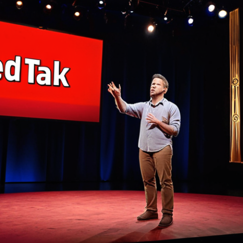 Home 24 **A confident storyteller standing on a TED Talk stage, gesturing emphatically while captivating an audience. The scene is lit with warm stage lights, and the background shows a large screen with an inspiring image. Emphasize the power and impact of storytelling. The audience is diverse and engaged. Professional, high-quality photograph.**