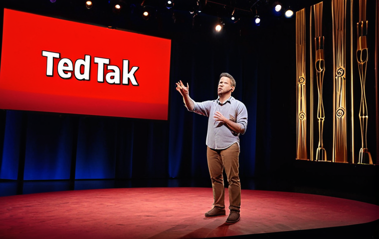 **A confident storyteller standing on a TED Talk stage, gesturing emphatically while captivating an audience. The scene is lit with warm stage lights, and the background shows a large screen with an inspiring image. Emphasize the power and impact of storytelling. The audience is diverse and engaged. Professional, high-quality photograph.**