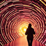 A person standing amidst a swirling vortex of glowing digital screens, fragmented data, and an overwhelming flood of information. One vibrant, clear pathway of light emerges, leading to an emotionally resonant scene: a close-up of hands connecting over a product that emanates warmth and joy, symbolizing a brand's authentic, human-centric story cutting through the noise. The style should capture the dynamic, fast-paced aesthetic of short-form video platforms like TikTok or Instagram Reels, highlighting the power of emotional connection in the digital age. Cinematic lighting, shallow depth of field, vivid colors.