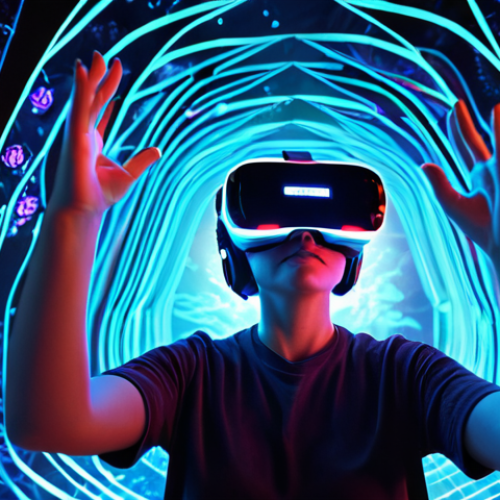 Home 22 A person wearing advanced VR/AR goggles, deeply immersed in a vibrant, interactive story. Holographic elements and glowing data streams emanate from their hands, forming a dynamic narrative landscape around them. The scene should convey active user participation, with multiple story paths visible as luminous branches. Futuristic setting, high-tech, vivid colors, detailed, cinematic lighting.