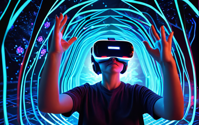 A person wearing advanced VR/AR goggles, deeply immersed in a vibrant, interactive story. Holographic elements and glowing data streams emanate from their hands, forming a dynamic narrative landscape around them. The scene should convey active user participation, with multiple story paths visible as luminous branches. Futuristic setting, high-tech, vivid colors, detailed, cinematic lighting.