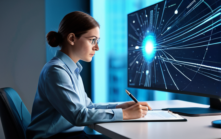 A focused female storyteller, fully clothed in a modest business casual outfit, sits at a sleek, minimalist desk in a modern studio. She is thoughtfully gazing at a holographic interface displaying abstract narrative elements and digital tools, while holding a classic pen in her well-formed hand, symbolizing the blend of human creativity and advanced technology. The background features blurred digital readouts and subtle glowing lines, representing the digital age and AI influence, yet her natural pose and expression emphasize human connection and emotional depth. The scene is well-lit, professional, and high-quality, with correct proportions and perfect anatomy. safe for work, appropriate content, modest clothing, family-friendly.