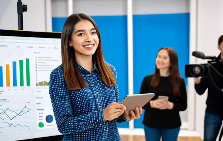 A professional content creator, fully clothed in modest, contemporary business casual attire, confidently speaking to a camera on a tripod in a bright, modern studio. The background features a blurred, diverse group of people engaging, symbolizing a connected online community. The creator holds a tablet displaying a vibrant graph of social media engagement, emphasizing authentic storytelling. Natural pose, perfect anatomy, correct proportions, well-formed hands, proper finger count, natural body proportions. Professional photography, high quality, safe for work, appropriate content, fully clothed, modest, family-friendly.