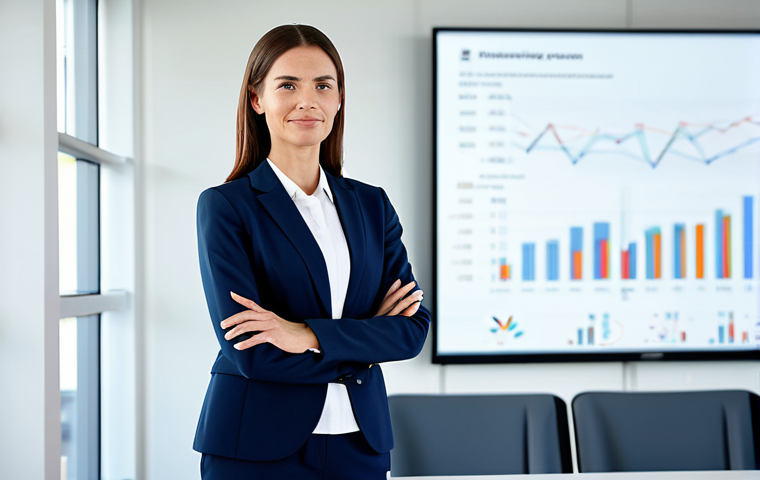 A professional female marketing executive in a modest, elegant business suit, standing confidently in a bright, modern corporate meeting room. A subtle, abstract background blur shows connecting lines on a presentation screen. She is engaging directly with the viewer, conveying a sense of genuine connection and empathy. Her hands are naturally posed. Professional photography, high resolution, soft studio lighting, perfect anatomy, correct proportions, natural pose, well-formed hands, proper finger count, natural body proportions, safe for work, appropriate content, fully clothed, professional, modest, family-friendly.