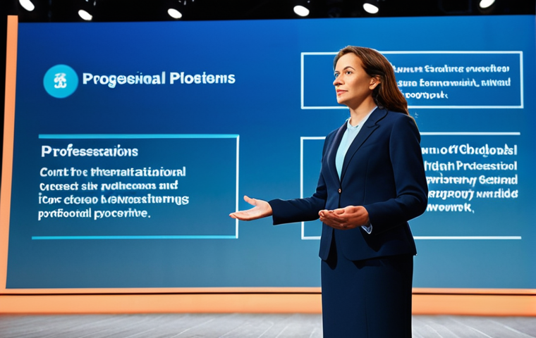 A professional female storyteller, fully clothed in a modest, elegant business suit, stands confidently on a stage at an international conference. She is engaging with a diverse, professional audience, with a subtle global network graphic displayed on a large screen behind her. The lighting is bright and professional, conveying an atmosphere of global connection, credibility, and expertise. Safe for work, appropriate content, fully clothed, professional dress, perfect anatomy, correct proportions, well-formed hands, natural body proportions, high-quality professional photography.