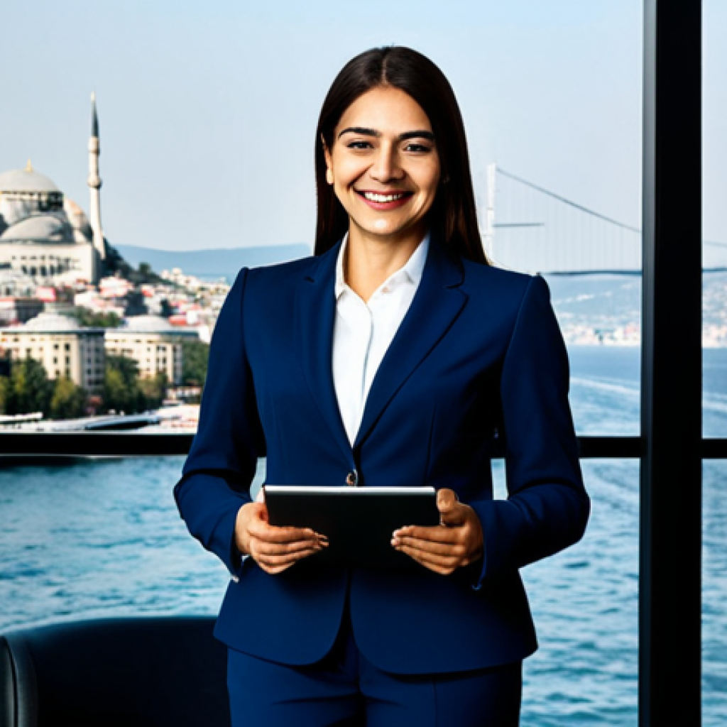 **

A successful businesswoman in a tailored, dark blue professional suit, standing confidently in a modern Istanbul office overlooking the Bosphorus. She is smiling slightly, holding a tablet, displaying data charts. Fully clothed, appropriate attire, safe for work. Perfect anatomy, correct proportions, natural pose, professional photography, high quality.

**