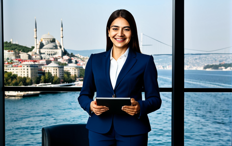 **
A successful businesswoman in a tailored, dark blue professional suit, standing confidently in a modern Istanbul office overlooking the Bosphorus. She is smiling slightly, holding a tablet, displaying data charts. Fully clothed, appropriate attire, safe for work. Perfect anatomy, correct proportions, natural pose, professional photography, high quality.
**
