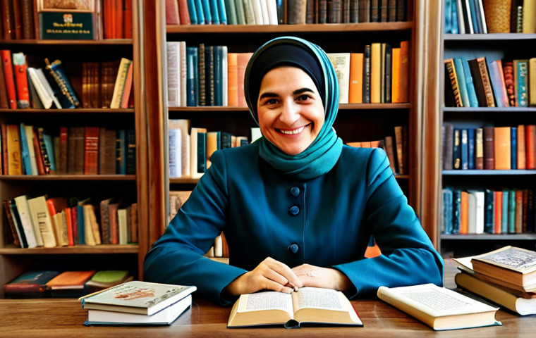 **
A professional female novelist, fully clothed in a modest, stylish outfit appropriate for a book signing event in Istanbul. She sits at a table adorned with her books, smiling warmly at a potential reader. The background shows a cozy bookstore with Turkish decorations, featuring shelves packed with books. Perfect anatomy, correct proportions, natural pose, well-formed hands, proper finger count, natural body proportions. Safe for work, appropriate content, family-friendly, professional.
**