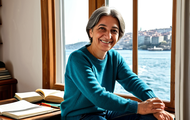 **
"A Turkish author, middle-aged, with a warm smile, sitting at a wooden desk in a cozy Istanbul apartment, surrounded by books and notes. She is fully clothed in a modest, comfortable sweater and jeans. Natural light streams in from a window overlooking the Bosphorus. Safe for work, appropriate content, perfect anatomy, correct proportions, natural pose, professional, high-quality photography, well-formed hands, proper finger count, natural body proportions, family-friendly."
**