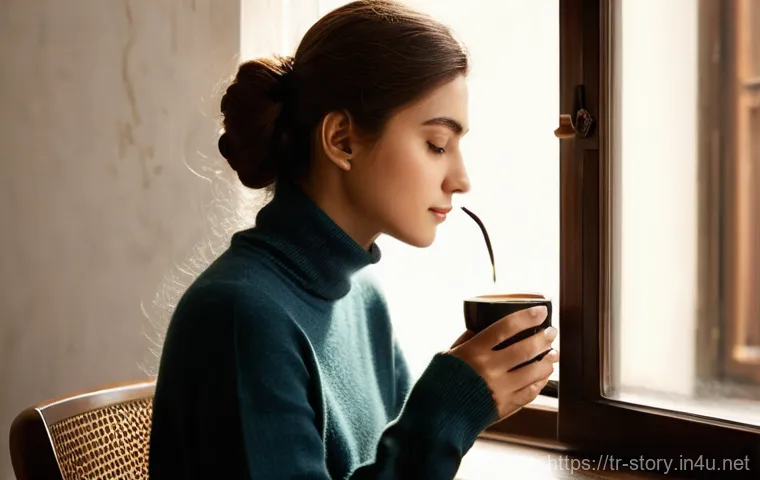 스토리텔러 실무에서의 창의적 해결 방법 - **Prompt 1: Serene Inspiration with Turkish Coffee**
"A thoughtful young woman, aged 28, sits by...