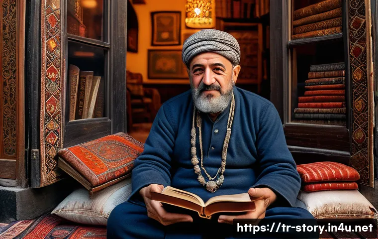 스토리텔러 직업과 관련된 다양한 이야기 제작 방법 분석 - A detailed, emotionally expressive portrait of a middle-aged Turkish storyteller sitting in a cozy, ...