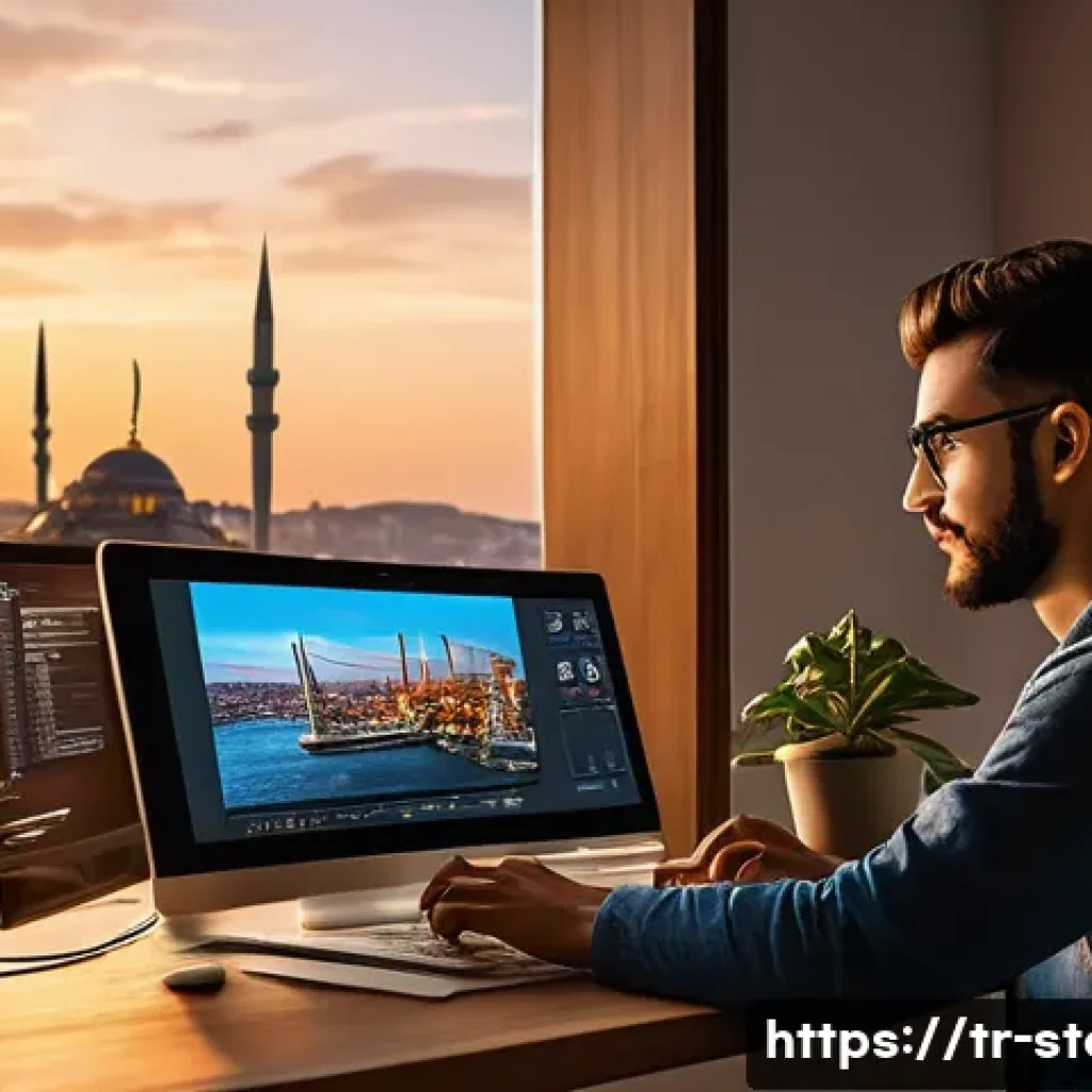 스토리텔러가 주목해야 할 디지털 트렌드 - A modern digital storytelling workspace scene in Istanbul, featuring a young Turkish content creator...