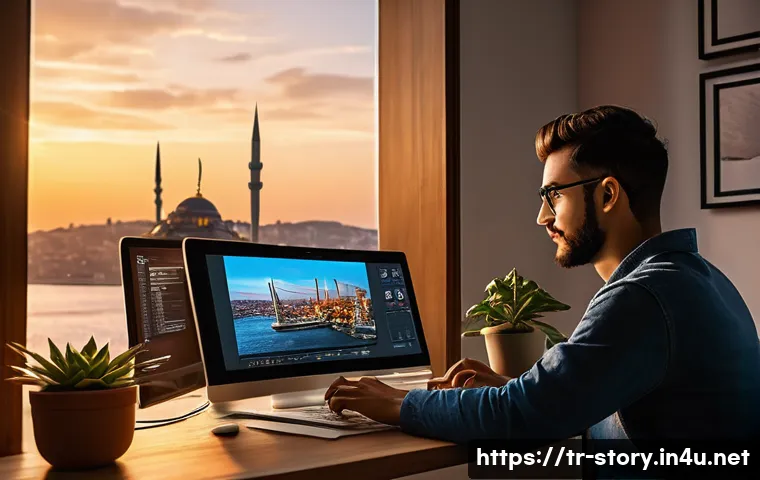 스토리텔러가 주목해야 할 디지털 트렌드 - A modern digital storytelling workspace scene in Istanbul, featuring a young Turkish content creator...