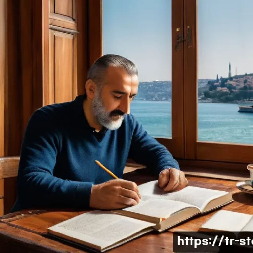 스토리텔러로서 창작 능력 향상법 - A detailed scene of a Turkish writer sitting at a traditional wooden desk by a window overlooking Is...