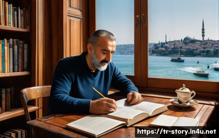 스토리텔러로서 창작 능력 향상법 - A detailed scene of a Turkish writer sitting at a traditional wooden desk by a window overlooking Is...