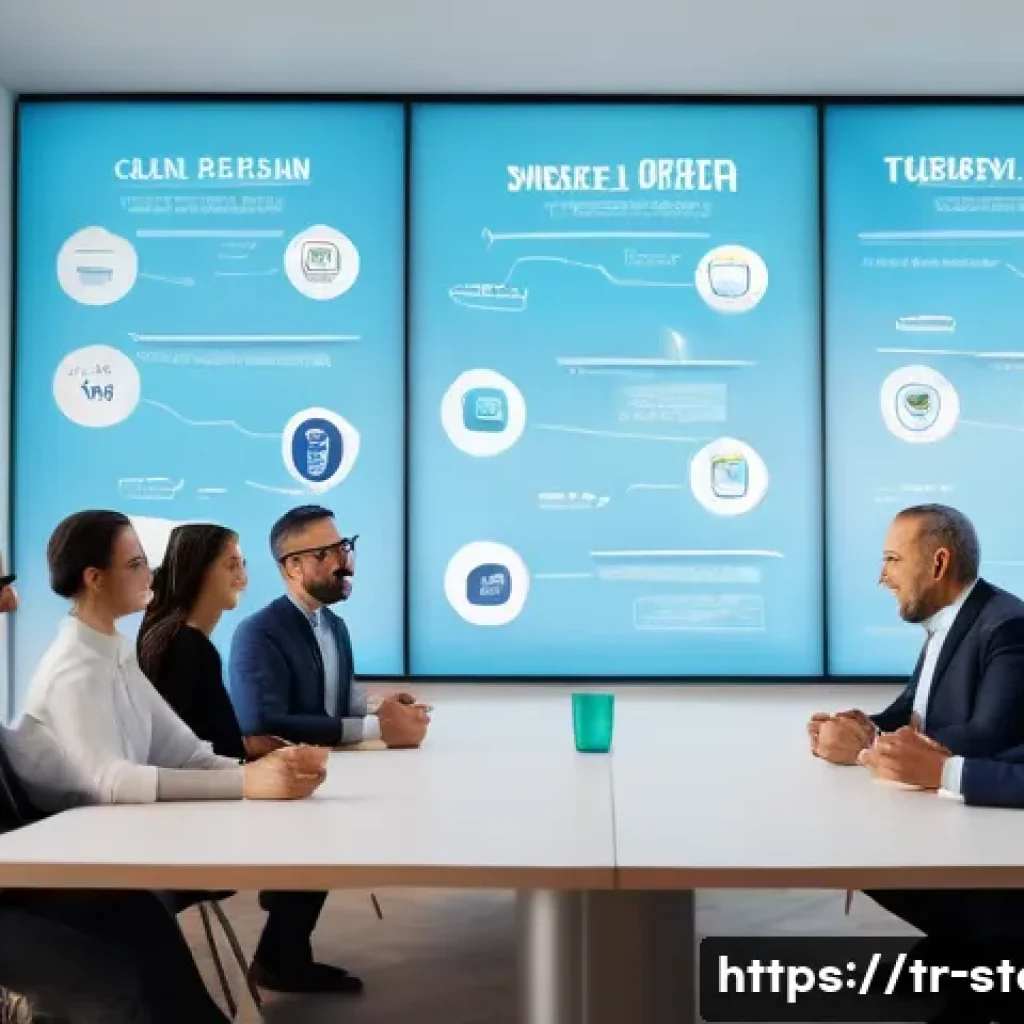 스토리텔러로서 커뮤니케이션 능력 강화 - A professional Turkish business meeting scene in a modern office with diverse colleagues engaged in ...