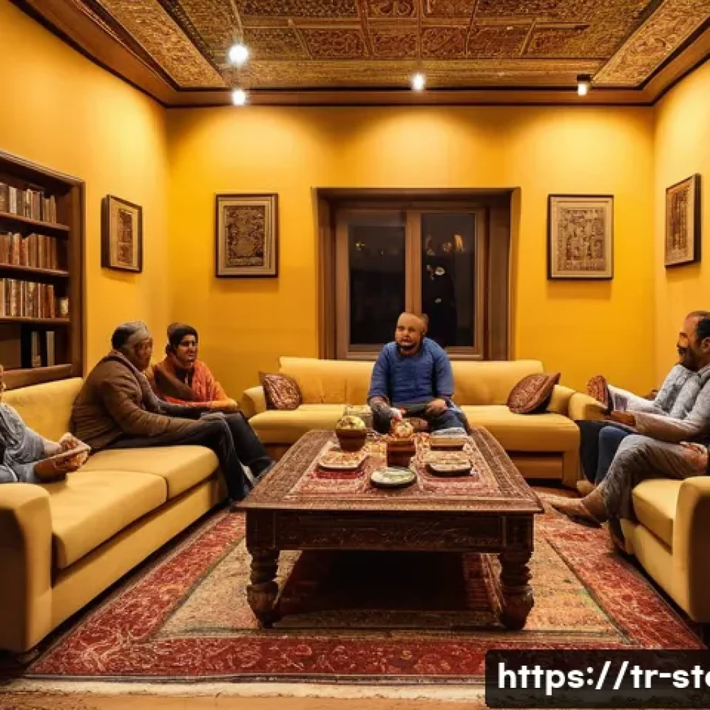 스토리텔러 실무에서 발생할 수 있는 문제 - A cozy storytelling scene set in a modern Turkish living room during the evening, featuring a middle...