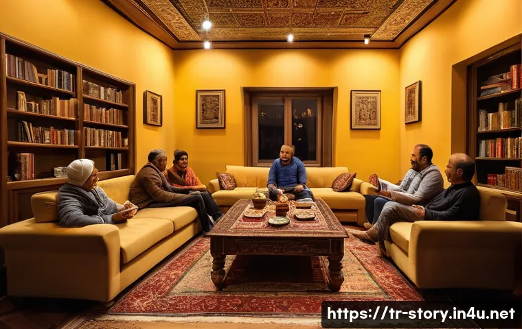 스토리텔러 실무에서 발생할 수 있는 문제 - A cozy storytelling scene set in a modern Turkish living room during the evening, featuring a middle...