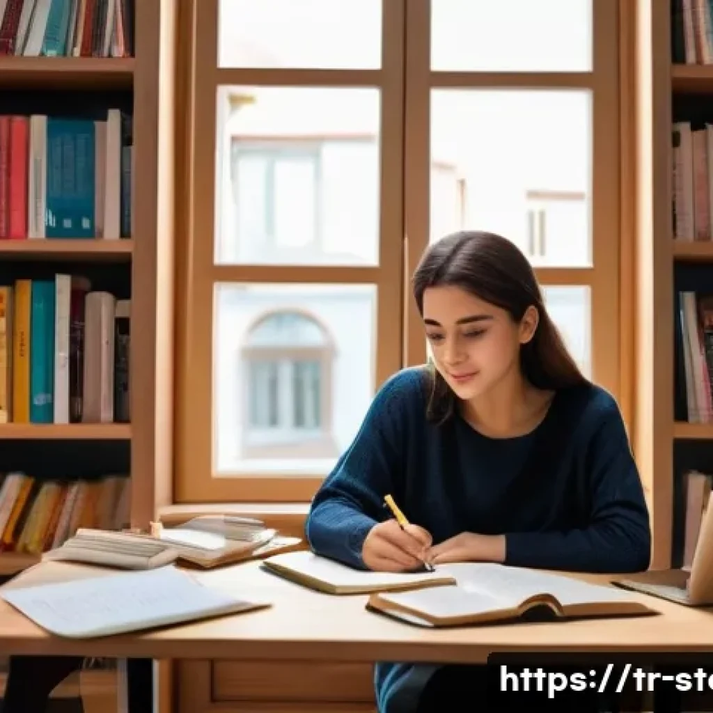 스토리텔러 자격증의 난이도 분석 - A focused young adult woman sitting at a cozy home study area in Istanbul, Turkey, surrounded by sto...