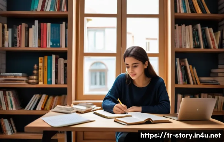 스토리텔러 자격증의 난이도 분석 - A focused young adult woman sitting at a cozy home study area in Istanbul, Turkey, surrounded by sto...