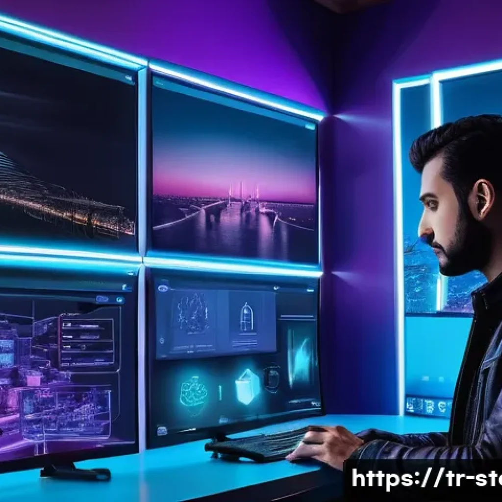 스토리텔러가 주목해야 할 최신 기술 - A futuristic digital storytelling workspace in Istanbul, featuring a young Turkish content creator u...