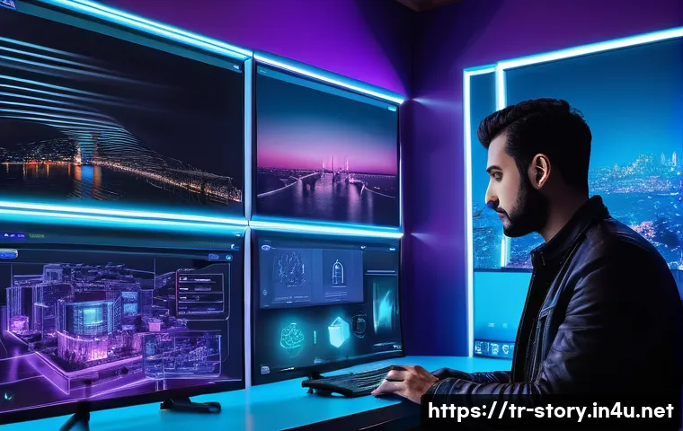 스토리텔러가 주목해야 할 최신 기술 - A futuristic digital storytelling workspace in Istanbul, featuring a young Turkish content creator u...