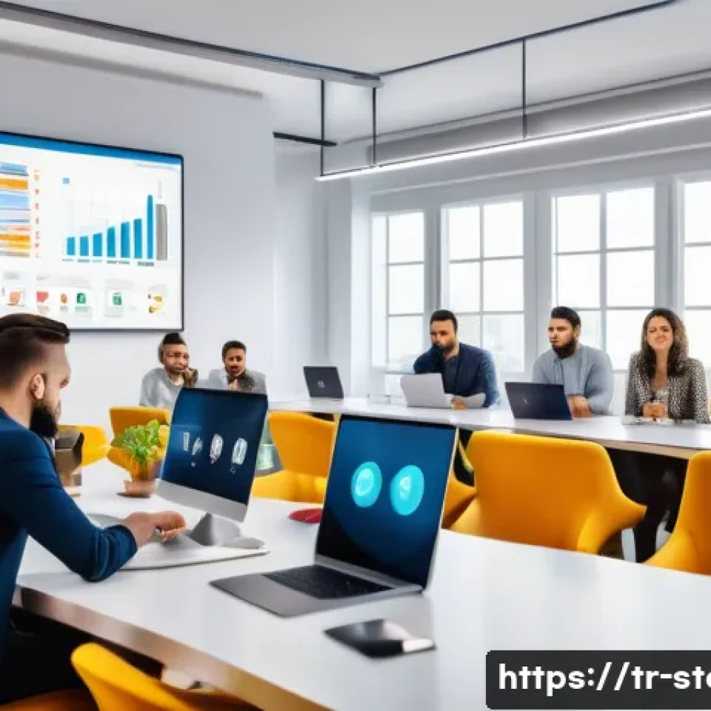 스토리텔러로서 성공한 프로젝트 기록 - A modern Turkish digital marketing team in a bright, stylish office setting, diverse young professio...