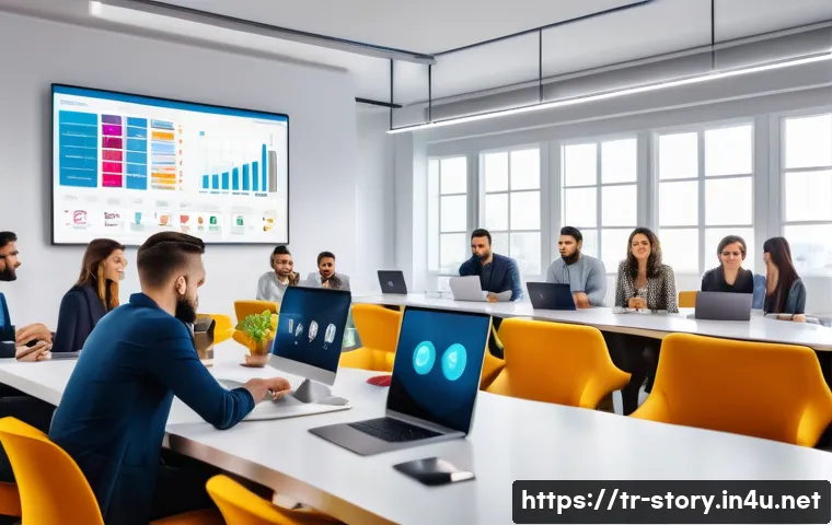 스토리텔러로서 성공한 프로젝트 기록 - A modern Turkish digital marketing team in a bright, stylish office setting, diverse young professio...