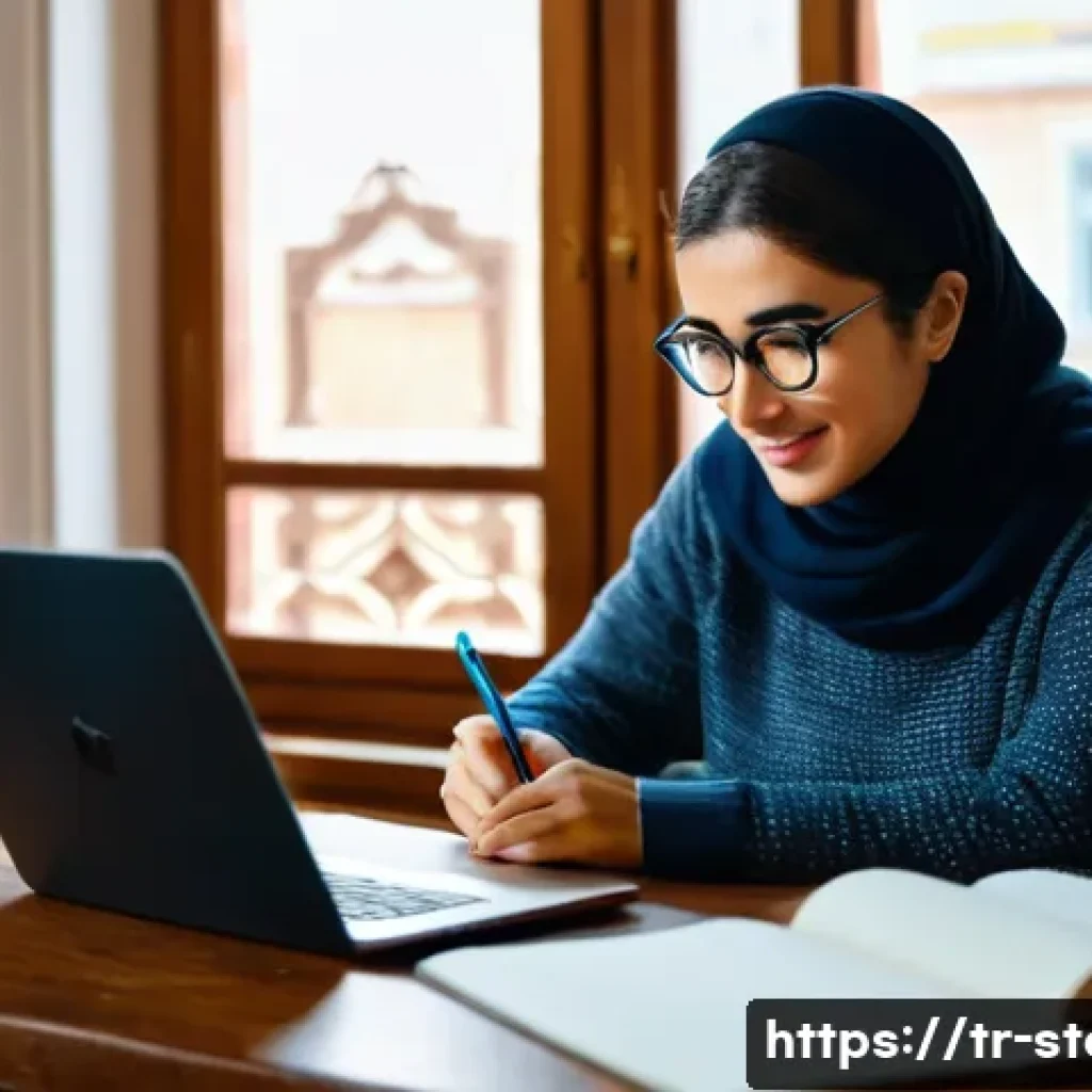 스토리텔러 관련 무료 학습 자료 - A cozy home office scene in Istanbul with a young Turkish woman sitting at a wooden desk, attentivel...