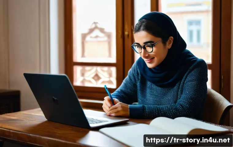 스토리텔러 관련 무료 학습 자료 - A cozy home office scene in Istanbul with a young Turkish woman sitting at a wooden desk, attentivel...