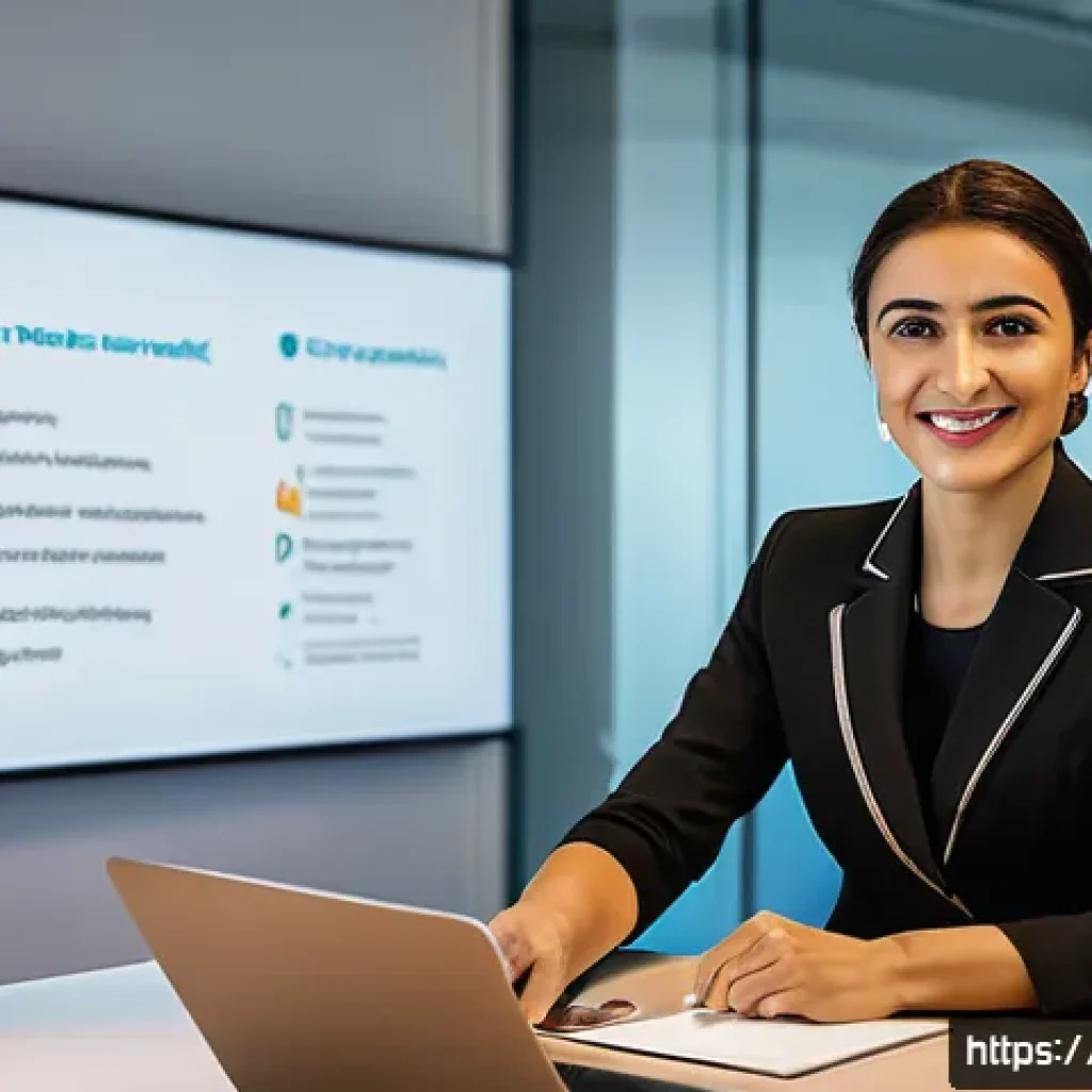 스토리텔러 자격증의 활용 사례 분석 - A professional Turkish businesswoman in a modern office setting, confidently delivering a storytelli...