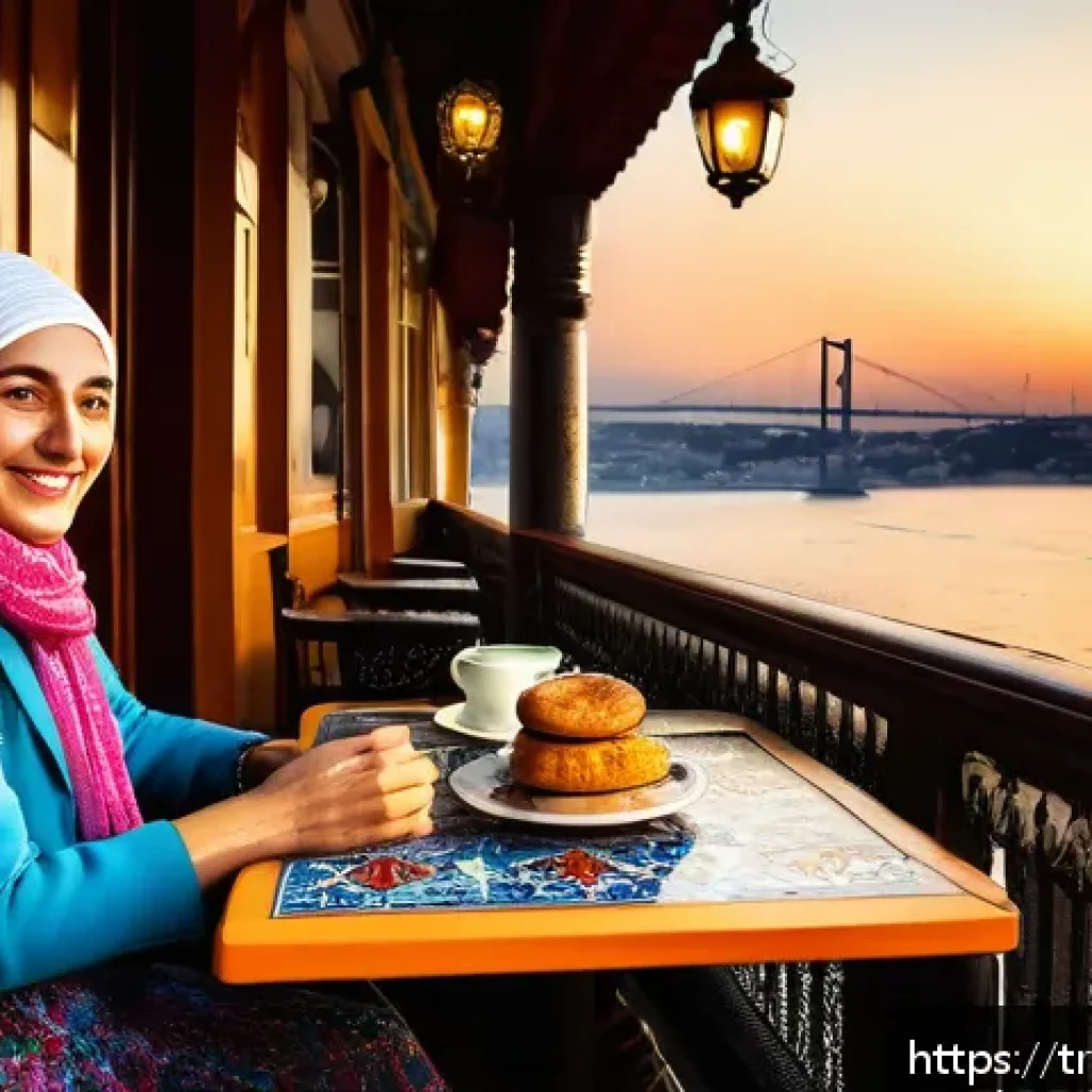 스토리텔러가 피해야 할 실수들 - A warm and inviting Turkish caf&eacute; setting at sunset, with vibrant colors reflecting off traditional p...