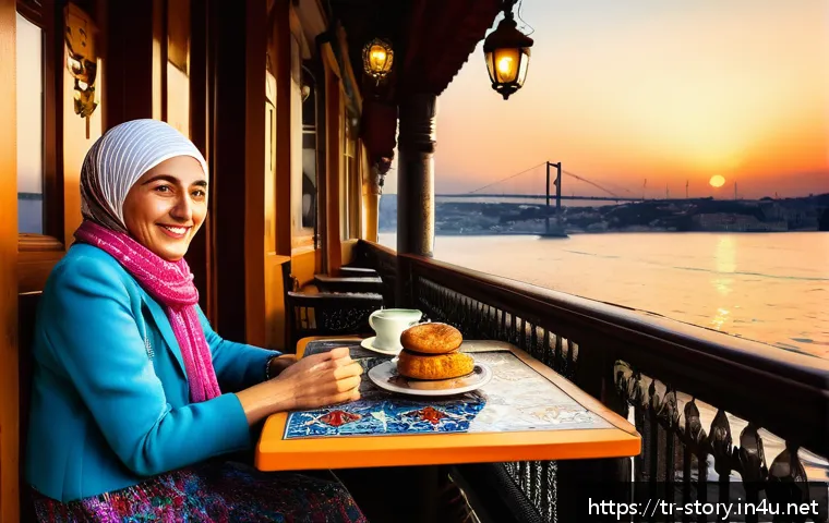 스토리텔러가 피해야 할 실수들 - A warm and inviting Turkish café setting at sunset, with vibrant colors reflecting off traditional p...