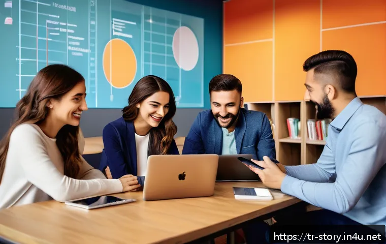 스토리텔러가 주목해야 할 콘텐츠 마케팅 동향 - A warm and inviting modern office environment showing a diverse group of young Turkish content creat...