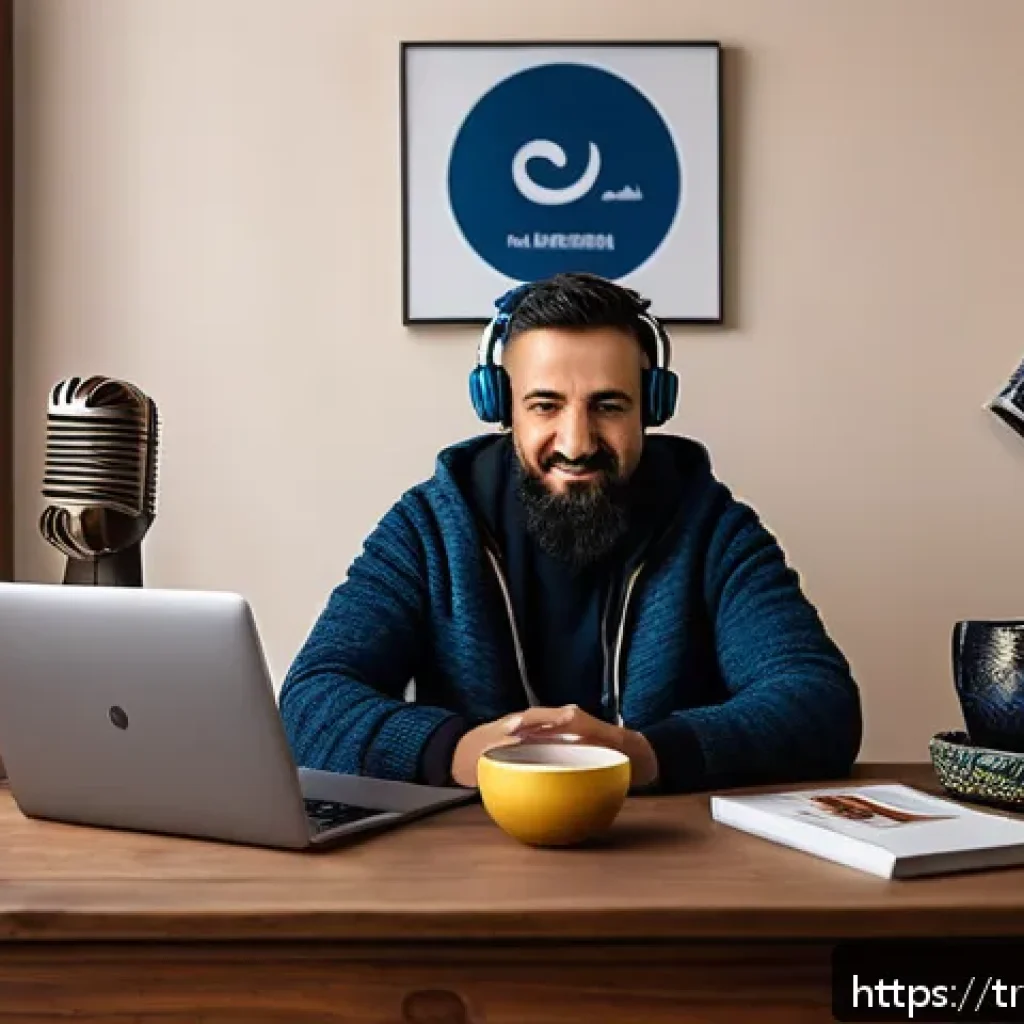 스토리텔러 관련 직업의 다양한 이야기 제작 방법과 사례 - A warm and engaging podcast recording scene featuring a diverse Turkish storyteller in a cozy home s...