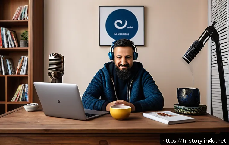 스토리텔러 관련 직업의 다양한 이야기 제작 방법과 사례 - A warm and engaging podcast recording scene featuring a diverse Turkish storyteller in a cozy home s...