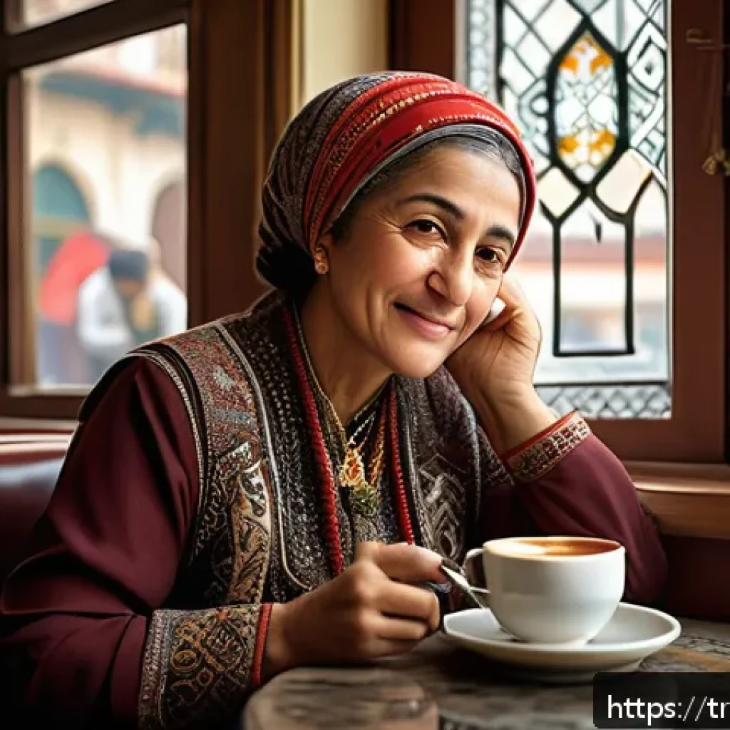 스토리텔러 관련 마케팅 케이스 스터디 - A warm and inviting Turkish coffee shop scene featuring a middle-aged Turkish woman sitting comforta...