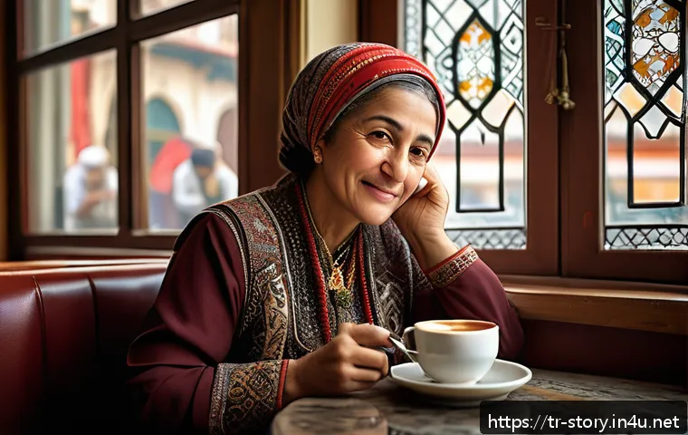 스토리텔러 관련 마케팅 케이스 스터디 - A warm and inviting Turkish coffee shop scene featuring a middle-aged Turkish woman sitting comforta...