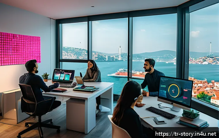스토리텔러 관련 트렌드 리포트 - A vibrant digital marketing office scene in Istanbul, featuring a diverse team of young Turkish prof...