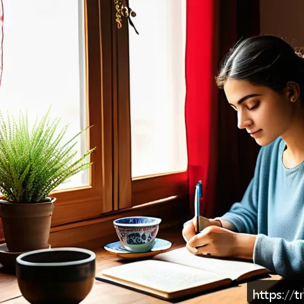 스토리텔러의 창의력 훈련법 - A cozy morning writing scene in a traditional Turkish home: a young adult sitting at a wooden desk b...