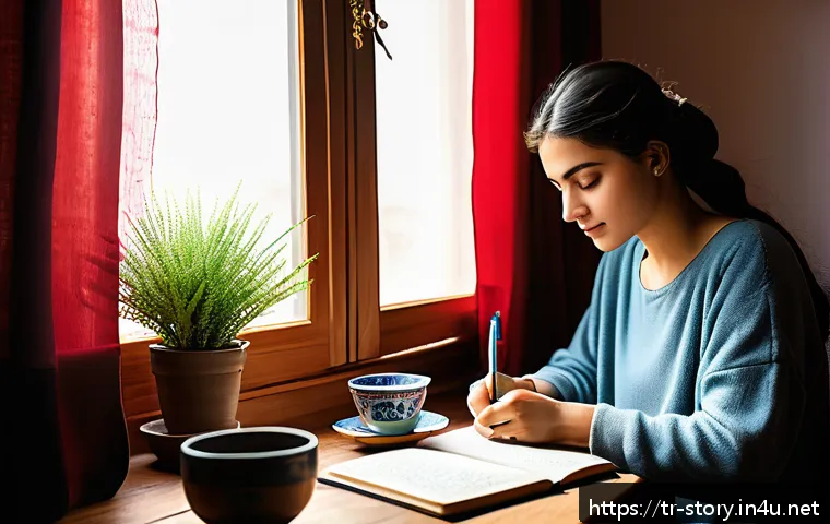 스토리텔러의 창의력 훈련법 - A cozy morning writing scene in a traditional Turkish home: a young adult sitting at a wooden desk b...