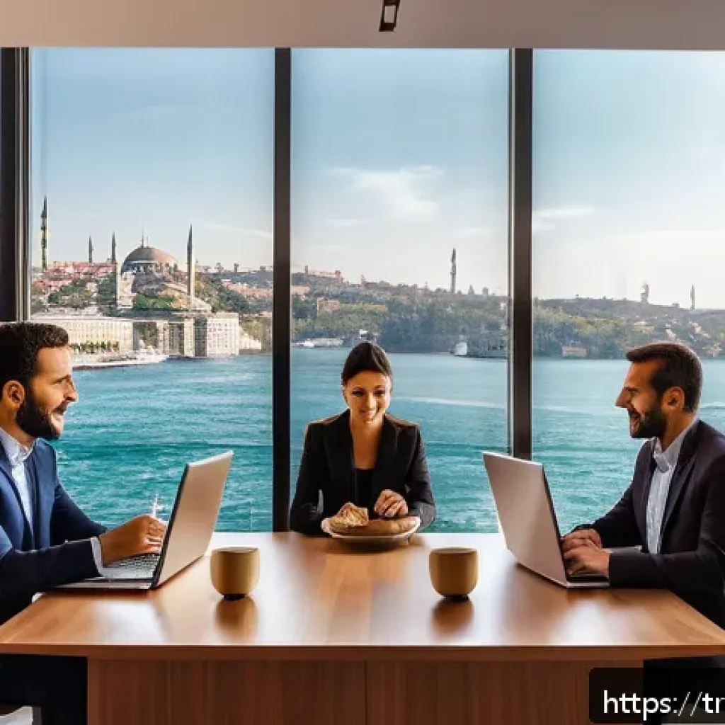 스토리텔러 자격증의 활용 방법과 전략 - A professional business meeting scene in a modern Istanbul office, featuring a diverse group of Turk...