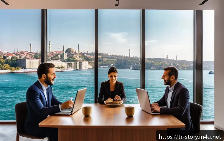 스토리텔러 자격증의 활용 방법과 전략 - A professional business meeting scene in a modern Istanbul office, featuring a diverse group of Turk...