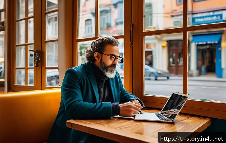 스토리텔러와 스토리보드 제작 기법 - A creative content creator sitting at a cozy Istanbul café, surrounded by a laptop, notebooks, and a...