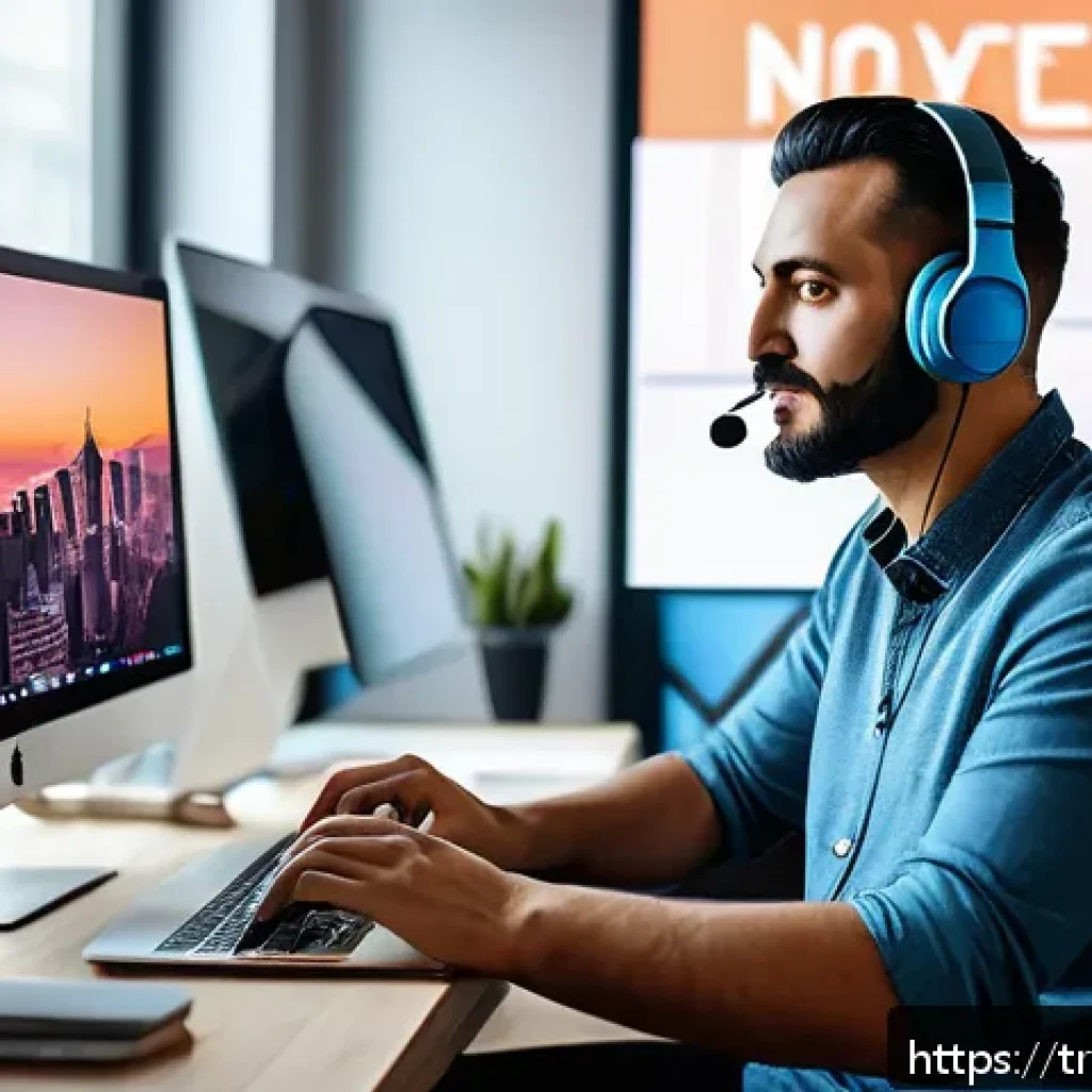 스토리텔러 관련 직업군과 산업 성장 전망 - A modern digital storyteller working at a sleek home office, surrounded by multiple screens displayi...